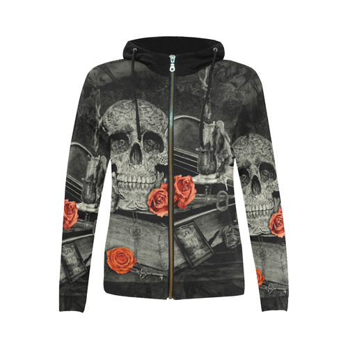 Steampunk Alchemist Mage Red Roses Celtic Skull All Over Print Full Zip Hoodie for Women (Model H14)