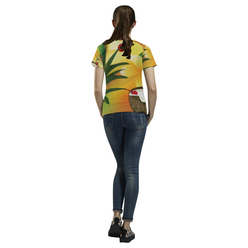 Tropical Floral Watercolor Pineapple Coconut All Over Print T-Shirt for Women (USA Size) (Model T40)