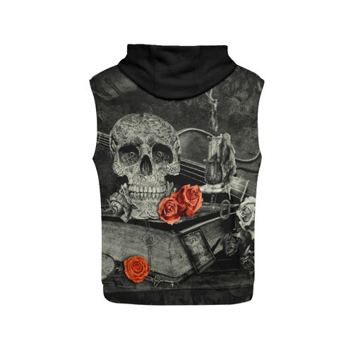 Steampunk Alchemist Mage Red Roses Celtic Skull All Over Print Sleeveless Hoodie for Women (Model H15)