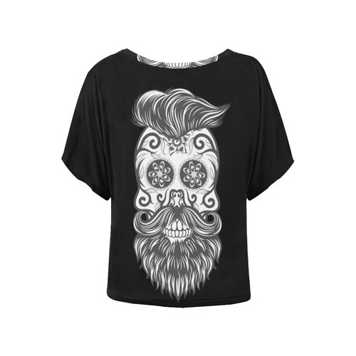 Sugar Skull Floral Pattern Beard Women's Batwing-Sleeved Blouse T shirt (Model T44)