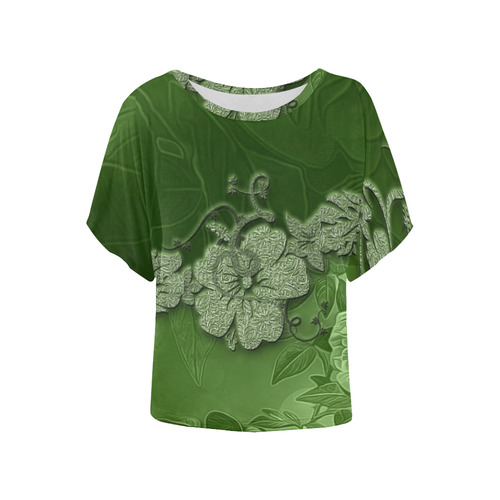 Wonderful green floral design Women's Batwing-Sleeved Blouse T shirt (Model T44)