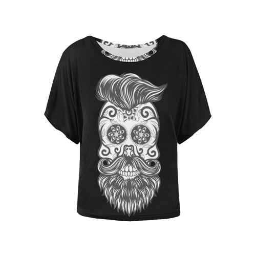 Sugar Skull Floral Pattern Beard Women's Batwing-Sleeved Blouse T shirt (Model T44)