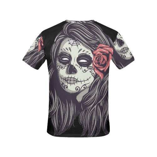 Sugar Skull Day of the Dead Girl Red Rose All Over Print T-Shirt for Women (USA Size) (Model T40)
