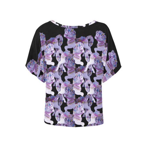 porcelain carousel ponies all in a row purple Women's Batwing-Sleeved Blouse T shirt (Model T44)