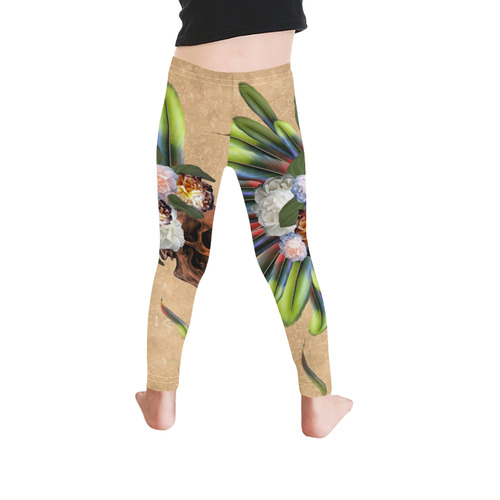 Amazing skull with feathers and flowers Kid's Ankle Length Leggings (Model L06)