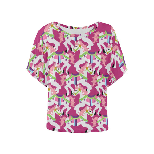 cartoon carousel ponies on pink ( Women's Batwing-Sleeved Blouse T shirt (Model T44)