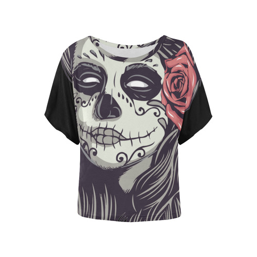 Sugar Skull Day of the Dead Girl Red Rose Women's Batwing-Sleeved Blouse T shirt (Model T44)