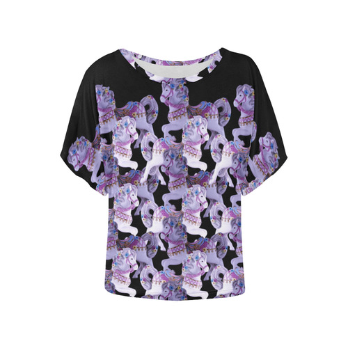 porcelain carousel ponies all in a row purple Women's Batwing-Sleeved Blouse T shirt (Model T44)