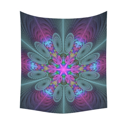 Mandala From Center Colorful Fractal Art With Pink Cotton Linen Wall Tapestry 51"x 60"