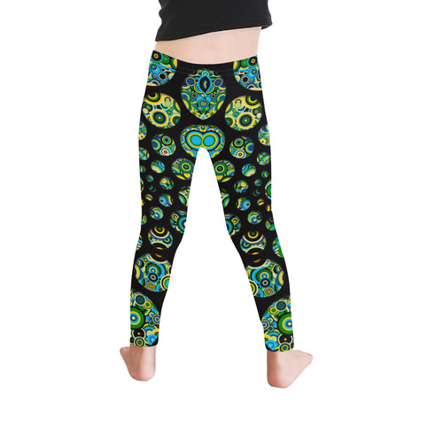 Flower Power CIRCLE Dots in Dots cyan yellow black Kid's Ankle Length Leggings (Model L06)