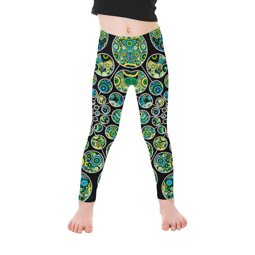 Flower Power CIRCLE Dots in Dots cyan yellow black Kid's Ankle Length Leggings (Model L06)