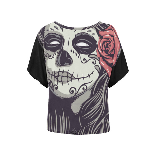 Sugar Skull Day of the Dead Girl Red Rose Women's Batwing-Sleeved Blouse T shirt (Model T44)