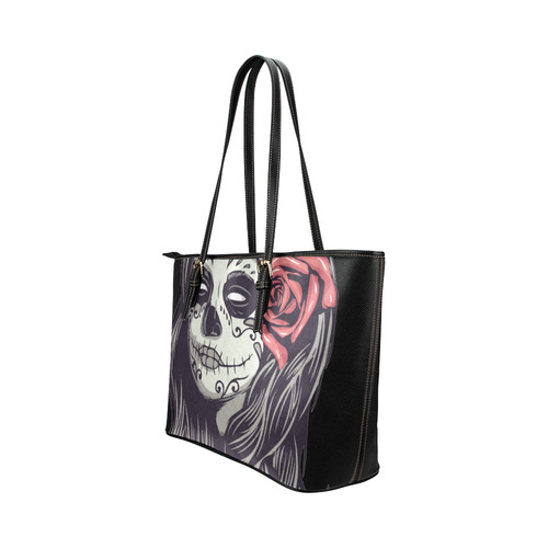Sugar Skull Day of the Dead Girl Red Rose Leather Tote Bag/Large (Model 1651)