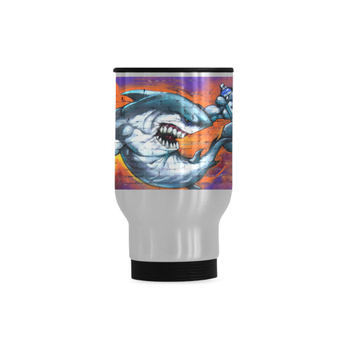 Graffiti Shark Brick Wall Travel Mug (Silver) (14 Oz)