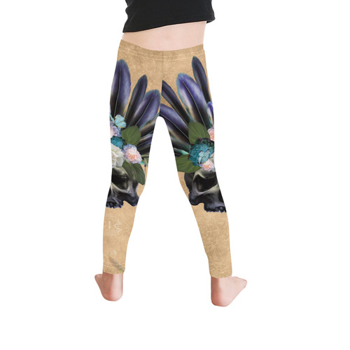 Cool skull with feathers and flowers Kid's Ankle Length Leggings (Model L06)