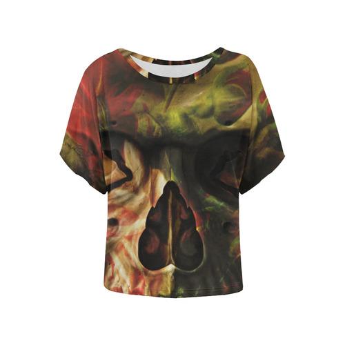 Gothic Skull of Roses Women's Batwing-Sleeved Blouse T shirt (Model T44)