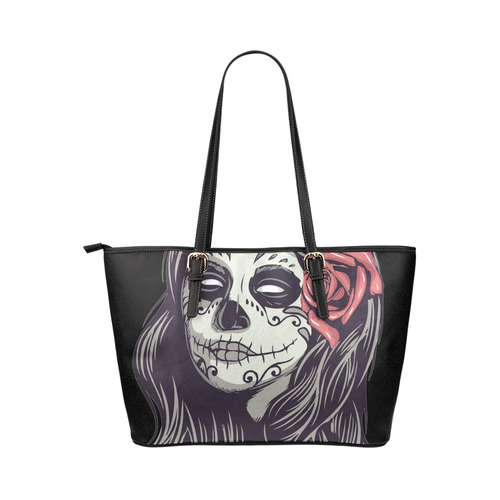 Sugar Skull Day of the Dead Girl Red Rose Leather Tote Bag/Large (Model 1651)