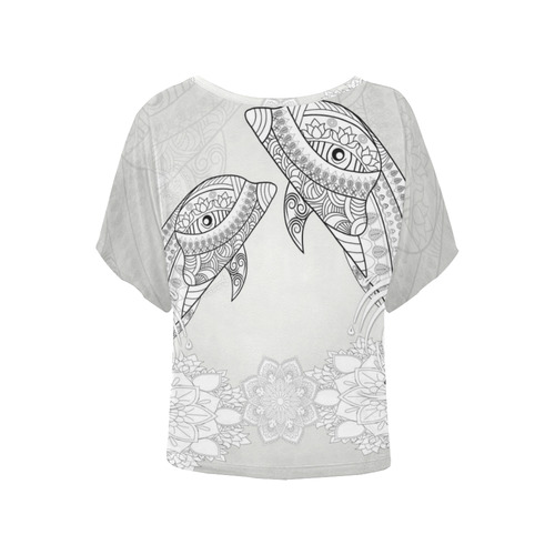 Funny dolphin, mandala design Women's Batwing-Sleeved Blouse T shirt (Model T44)