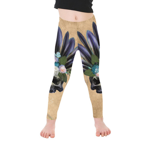 Cool skull with feathers and flowers Kid's Ankle Length Leggings (Model L06)