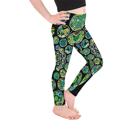 Flower Power CIRCLE Dots in Dots cyan yellow black Kid's Ankle Length Leggings (Model L06)