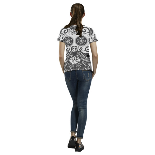 Sugar Skull Floral Pattern Beard All Over Print T-Shirt for Women (USA Size) (Model T40)