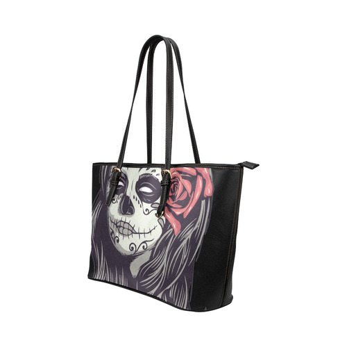 Sugar Skull Day of the Dead Girl Red Rose Leather Tote Bag/Large (Model 1651)