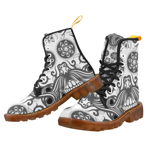 Sugar Skull Floral Pattern Beard Martin Boots For Women Model 1203H