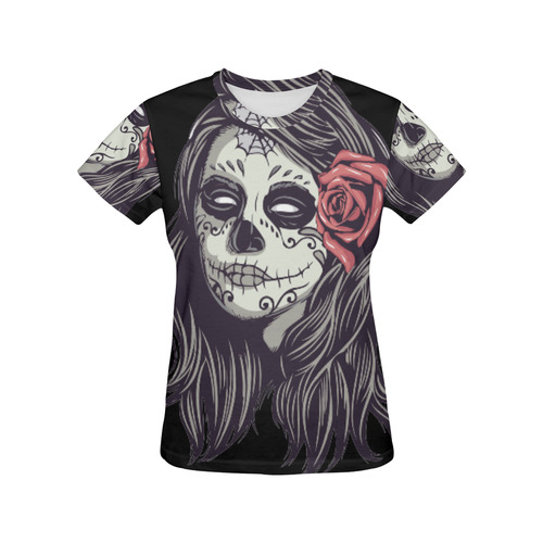 Sugar Skull Day of the Dead Girl Red Rose All Over Print T-Shirt for Women (USA Size) (Model T40)
