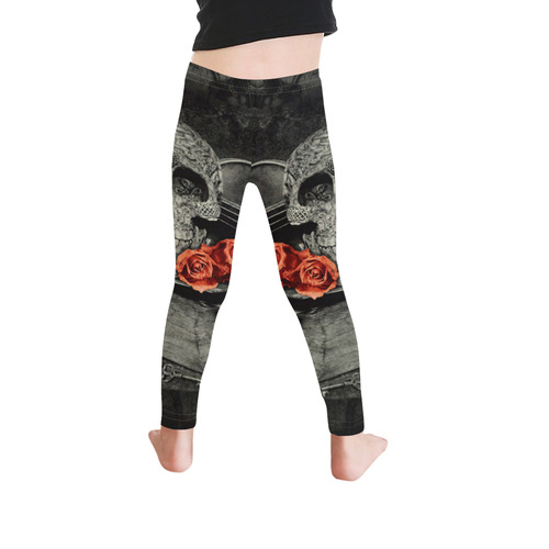 Steampunk Alchemist Mage Red Roses Celtic Skull Kid's Ankle Length Leggings (Model L06)