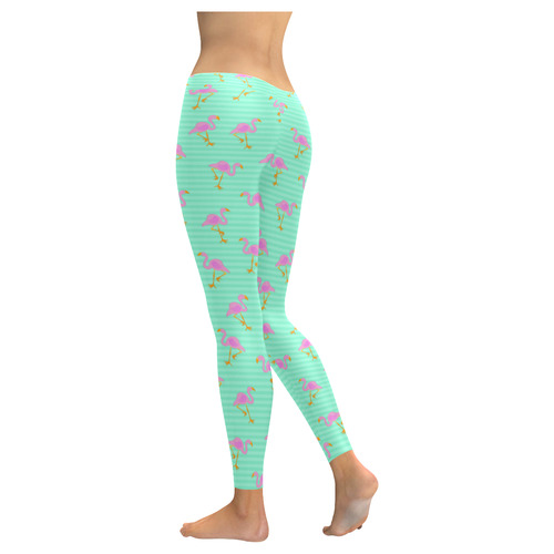 Pink and Green Flamingo Pattern Women's Low Rise Leggings (Invisible Stitch) (Model L05)