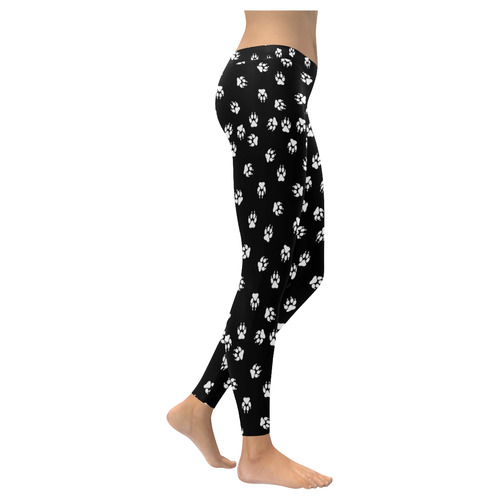 Footprints DOG white on black background Women's Low Rise Leggings (Invisible Stitch) (Model L05)