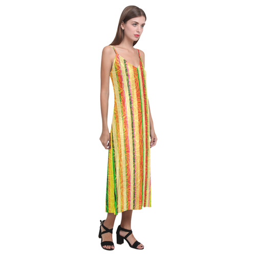 Colorful Stripes on Curls Pattern V-Neck Open Fork Long Dress(Model D18)