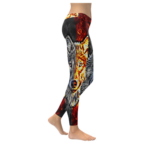 A Graceful WOLF Looks Into Your Eyes Two-colored Women's Low Rise Leggings (Invisible Stitch) (Model L05)