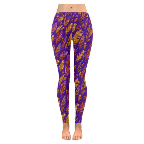 Watercolor Feathers And Dots Pattern Purple Women's Low Rise Leggings (Invisible Stitch) (Model L05)