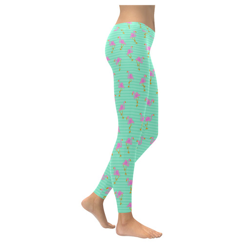 Pink and Green Flamingo Pattern Women's Low Rise Leggings (Invisible Stitch) (Model L05)