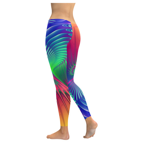 PSYCHEDELIC FRACTAL SPIRAL - Neon Colored Women's Low Rise Leggings (Invisible Stitch) (Model L05)