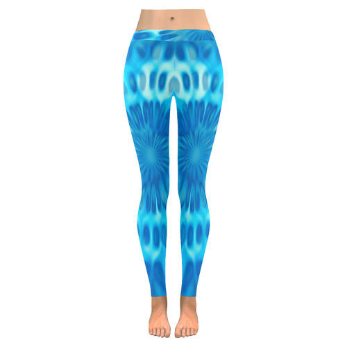 MAGIC FRACTAL FLOWER blue cyan Women's Low Rise Leggings (Invisible Stitch) (Model L05)