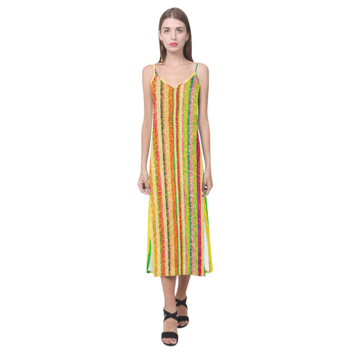 Colorful Stripes on Curls Pattern V-Neck Open Fork Long Dress(Model D18)