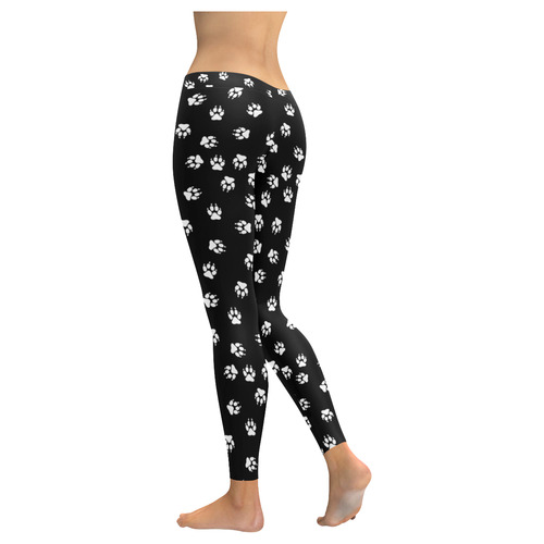 Footprints DOG white on black background Women's Low Rise Leggings (Invisible Stitch) (Model L05)