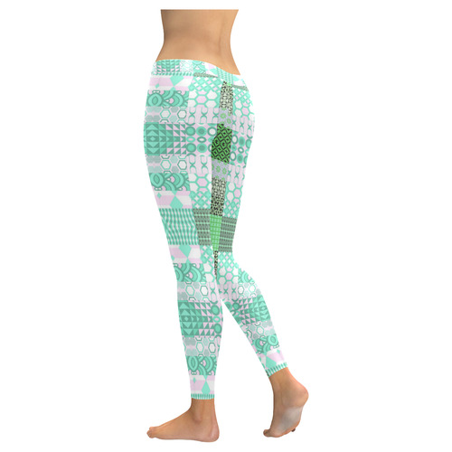 Shapes Pattern Mix - Green Cyan Women's Low Rise Leggings (Invisible Stitch) (Model L05)