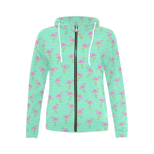 Pink and Green Flamingo Pattern All Over Print Full Zip Hoodie for Women (Model H14)
