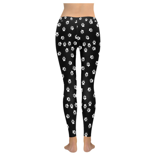 Footprints DOG white on black background Women's Low Rise Leggings (Invisible Stitch) (Model L05)