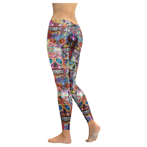 Colorfully Flower Power Skull Grunge Pattern Women's Low Rise Leggings (Invisible Stitch) (Model L05)