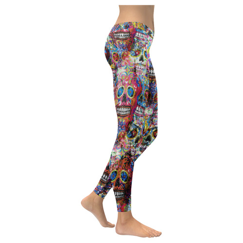 Colorfully Flower Power Skull Grunge Pattern Women's Low Rise Leggings (Invisible Stitch) (Model L05)