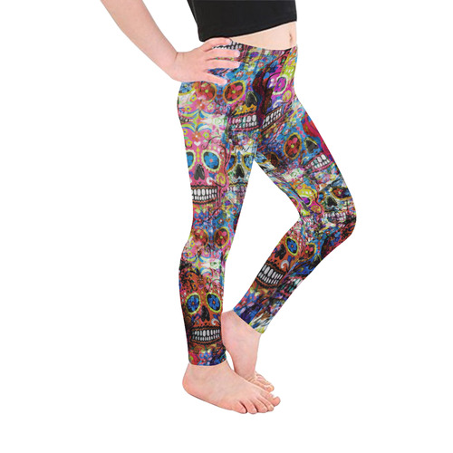 Colorfully Flower Power Skull Grunge Pattern Kid's Ankle Length Leggings (Model L06)