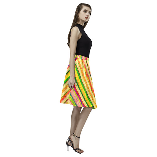 Colorful Stripes on Curls Pattern Melete Pleated Midi Skirt (Model D15)