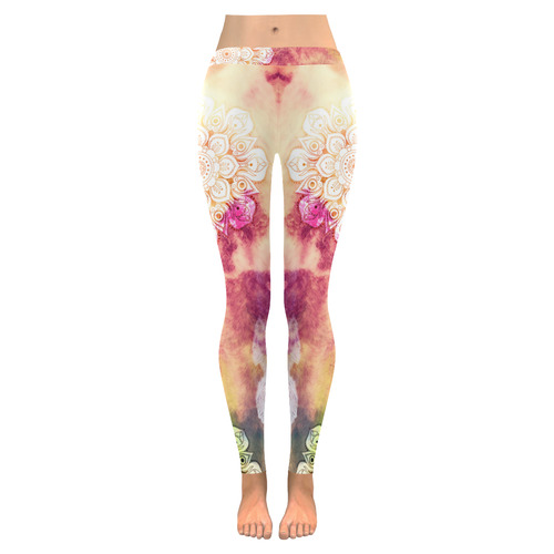 Watercolor LOTUS MANDALA Pattern - grunge style Women's Low Rise Leggings (Invisible Stitch) (Model L05)