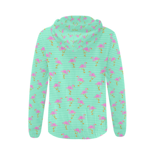 Pink and Green Flamingo Pattern All Over Print Full Zip Hoodie for Women (Model H14)