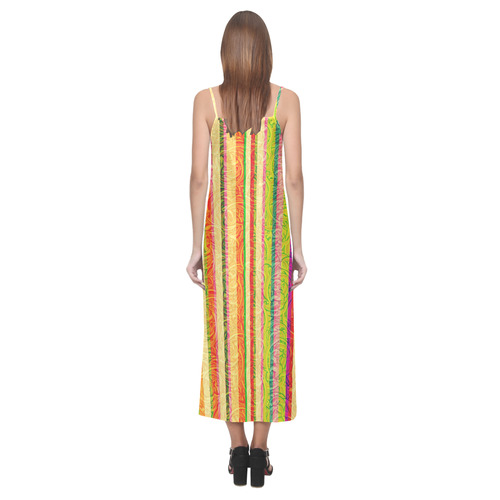 Colorful Stripes on Curls Pattern V-Neck Open Fork Long Dress(Model D18)