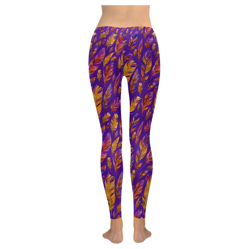 Watercolor Feathers And Dots Pattern Purple Women's Low Rise Leggings (Invisible Stitch) (Model L05)